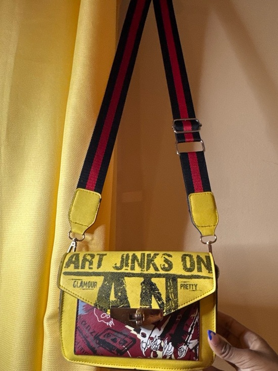 Handbags - Yellow Graphic Crossbody Bag with Striped Strap